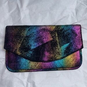 Aimee Kestenberg suede metallic rainbow flap wallet clutch